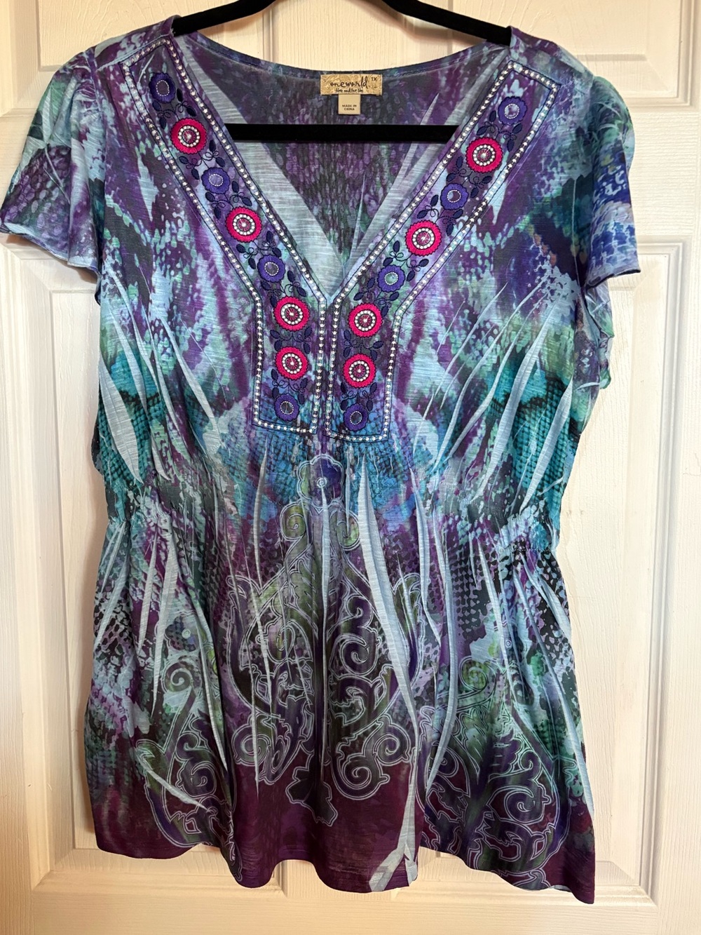 ONE WORLD Purple & Teal Embroidered V-Neck Tunic Top